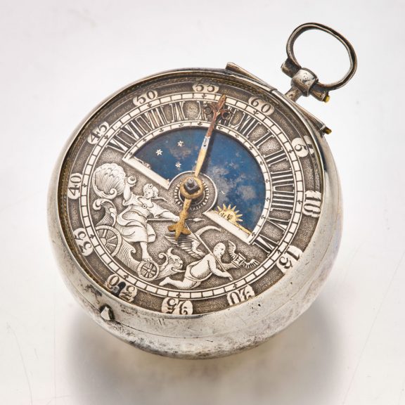 English silver verge watch with day and night indication Circa 1680 English silver verge watch with day and night indication Circa 1680