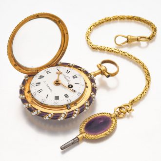 Attractive French gold and enamel watch with original key Circa 1780