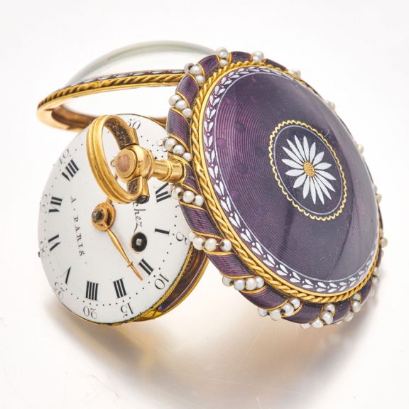 Attractive French gold and enamel watch with original key Circa 1780 Attractive French gold and enamel watch with original key Circa 1780