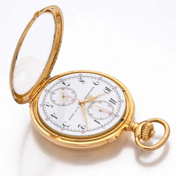 Swiss gold chronograph with jumping minute counter Circa 1907 Swiss gold chronograph with jumping minute counter Circa 1907