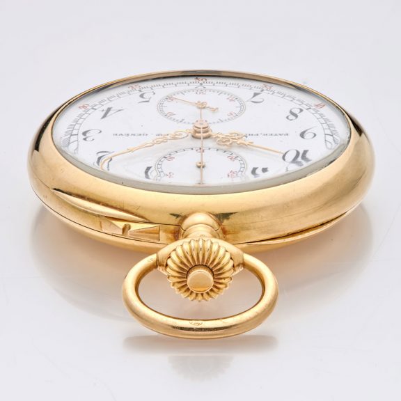 Swiss gold chronograph with jumping minute counter Circa 1907 Swiss gold chronograph with jumping minute counter Circa 1907
