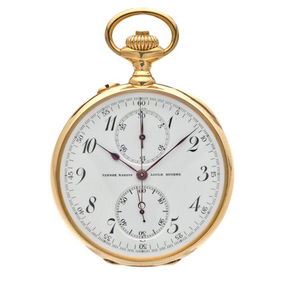 Heavy Swiss gold open faced chronograph watch Circa 1910 Heavy Swiss gold open faced chronograph watch Circa 1910
