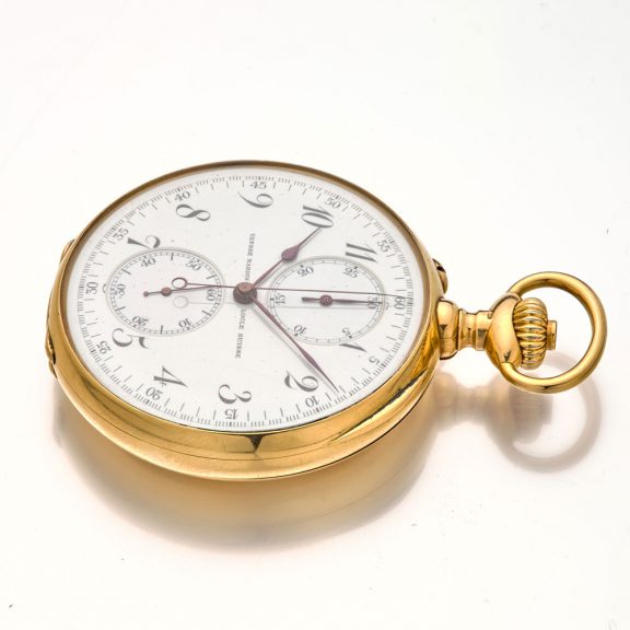 Heavy Swiss gold open faced chronograph watch Circa 1910 Heavy Swiss gold open faced chronograph watch Circa 1910