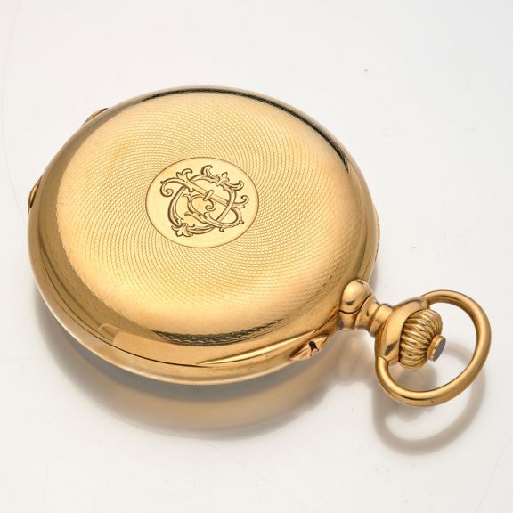 Heavy Swiss gold open faced chronograph watch Circa 1910 Heavy Swiss gold open faced chronograph watch Circa 1910