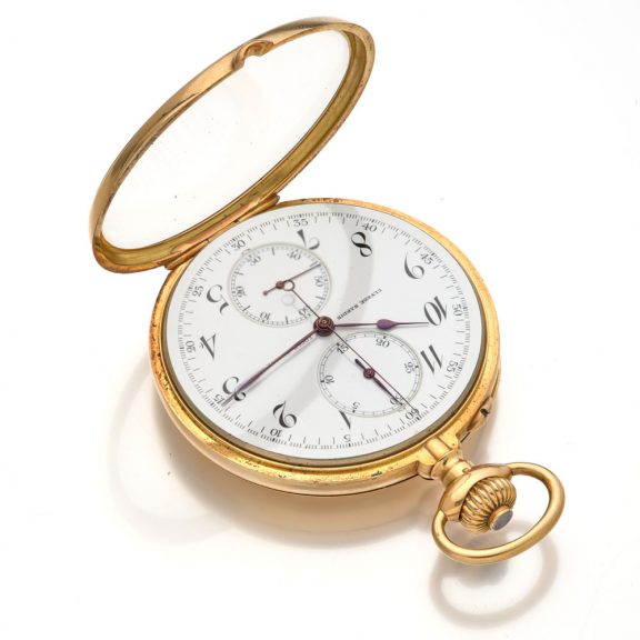 Heavy Swiss gold open faced chronograph watch Circa 1910 Heavy Swiss gold open faced chronograph watch Circa 1910