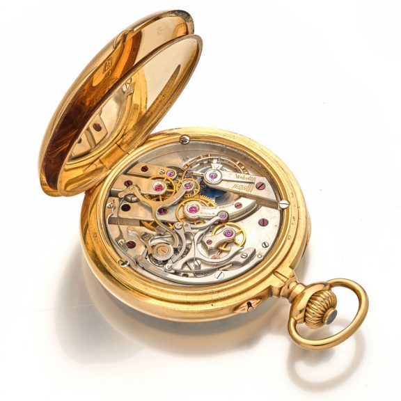 Heavy Swiss gold open faced chronograph watch Circa 1910 Heavy Swiss gold open faced chronograph watch Circa 1910