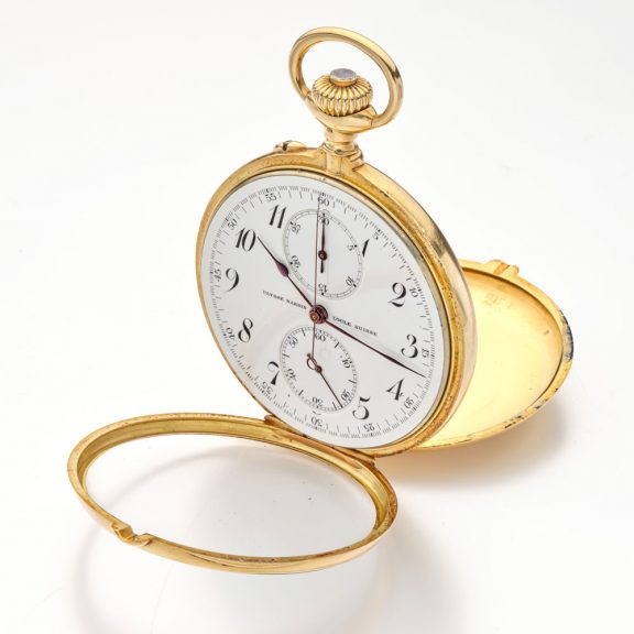 Heavy Swiss gold open faced chronograph watch Circa 1910 Heavy Swiss gold open faced chronograph watch Circa 1910