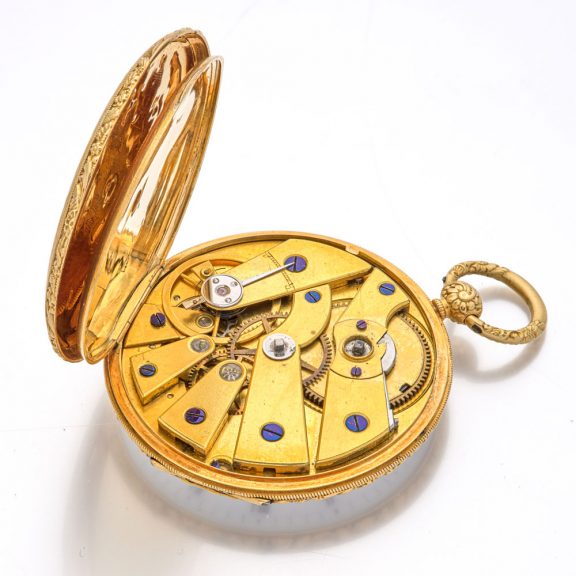 Decorative Swiss 18K gold open faced lever watch Circa 1840 Decorative Swiss 18K gold open faced lever watch Circa 1840