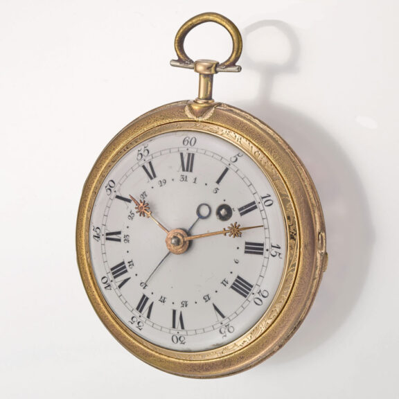 A Swiss gold and enamel date verge with chatelaine Circa 1780 A Swiss gold and enamel date verge with chatelaine Circa 1780