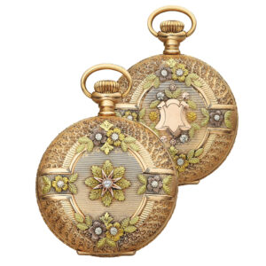 American multi coloured gold and diamond hunting cased pocket watch