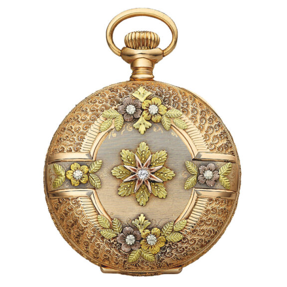 case back centered by a single-cut diamond surrounded by a star The case back centered by a single-cut diamond surrounded by a star