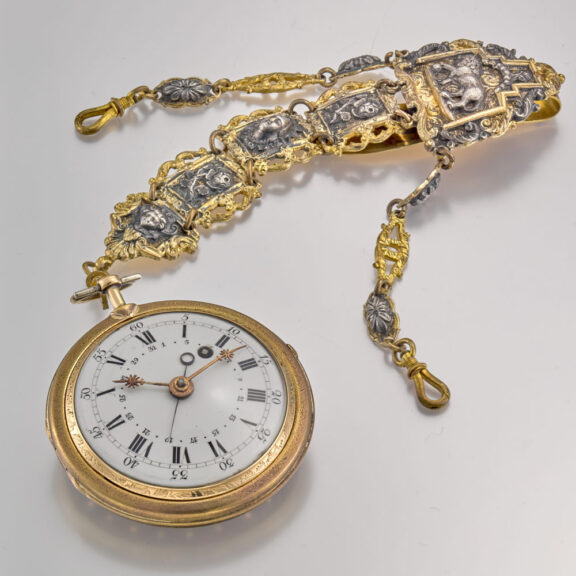 A Swiss gold and enamel date verge with chatelaine Circa 1780 A Swiss gold and enamel date verge with chatelaine Circa 1780