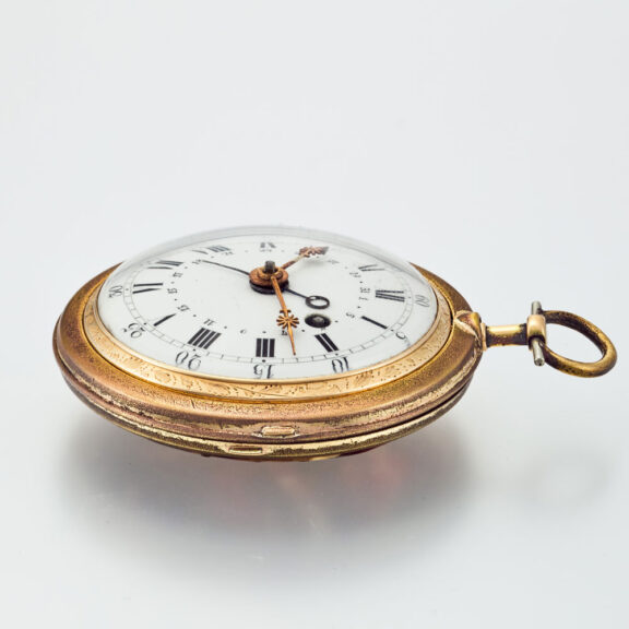 A Swiss gold and enamel date verge with chatelaine Circa 1780 A Swiss gold and enamel date verge with chatelaine Circa 1780