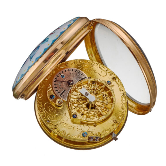A Swiss gold and enamel verge watch with chatelaine Circa 1780 A Swiss gold and enamel verge watch with chatelaine Circa 1780