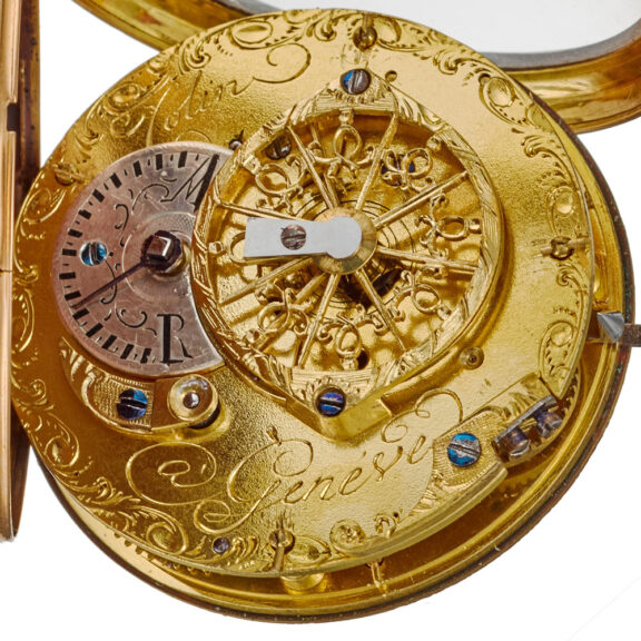 A Swiss gold and enamel verge watch with chatelaine Circa 1780 A Swiss gold and enamel verge watch with chatelaine Circa 1780