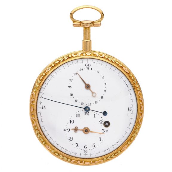 Rare French gold and enamel watch with regulator dial Circa 1790 Rare French gold and enamel watch with regulator dial Circa 1790