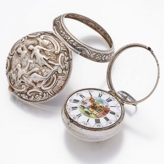 English silver pair cased repoussé verge pocket watch Circa 1768 English silver pair cased repoussé verge pocket watch Circa 1768