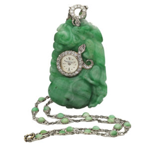 Swiss jade and platinum gold mounted Art Deco keyless pendant watch Circa 1960