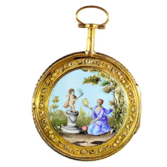 French gold watch with polychrome enamel painted scene Circa 1790
