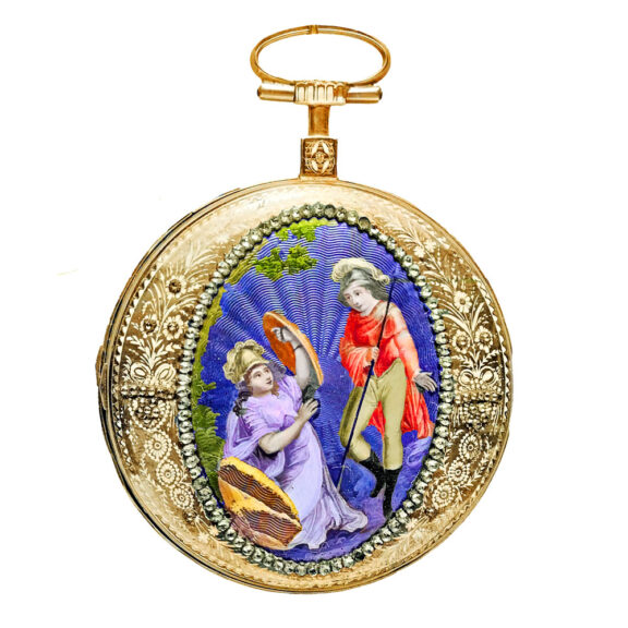 French gold, painted enamel and diamond-set pocket watch Circa 1785 French gold, painted enamel and diamond-set pocket watch Circa 1785