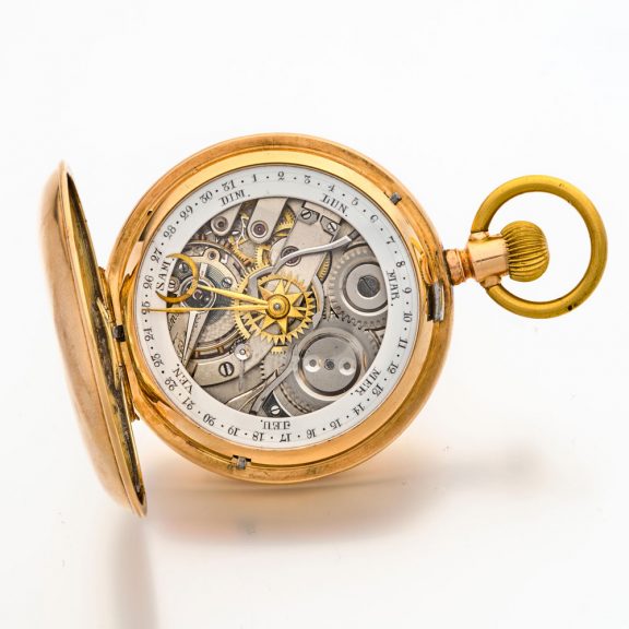 Swiss 14 carat pink gold double dialled calendar watch Circa 1890 Swiss 14 carat pink gold double dialled calendar watch Circa 1890
