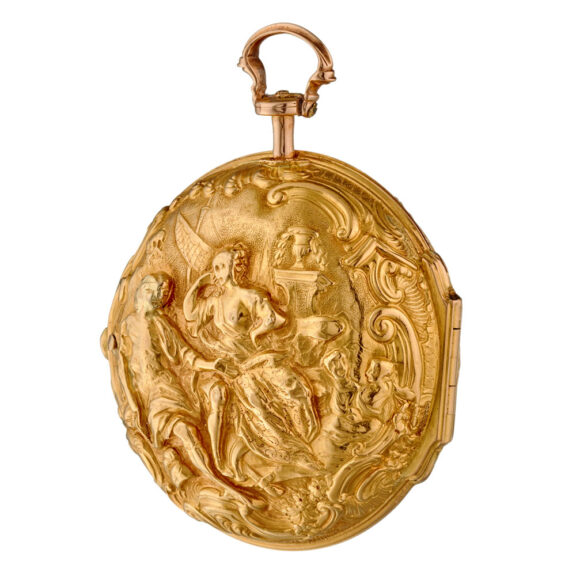 An English verge in 20 carat gold repousse pair cases Circa 1765 An English verge in 20 carat gold repousse pair cases Circa 1765