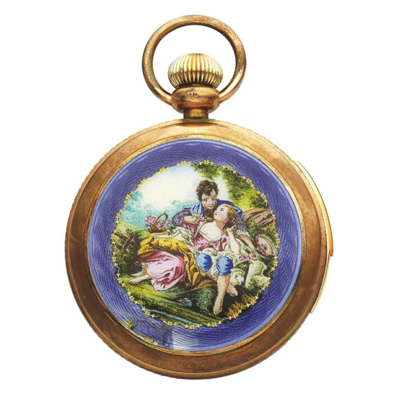 Swiss gilt minute repeating pocket watch enamel scene Circa 1910