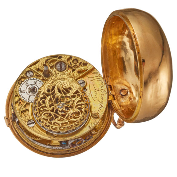 An English verge in 20 carat gold repousse pair cases Circa 1765 An English verge in 20 carat gold repousse pair cases Circa 1765