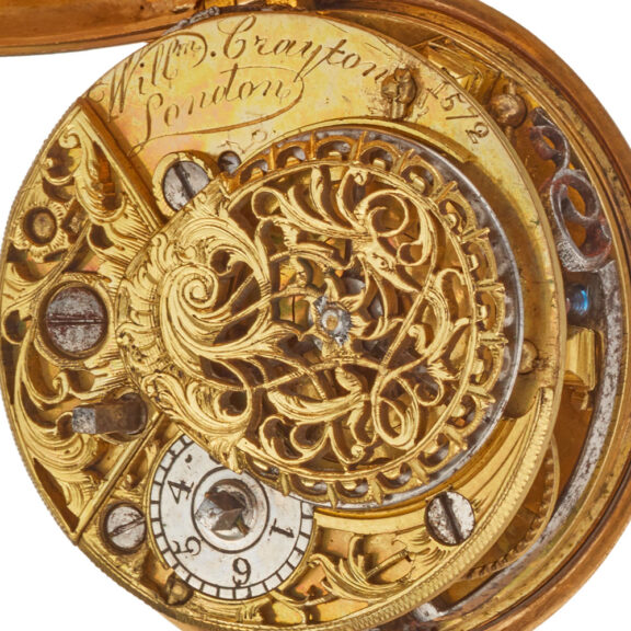 An English verge in 20 carat gold repousse pair cases Circa 1765 An English verge in 20 carat gold repousse pair cases Circa 1765