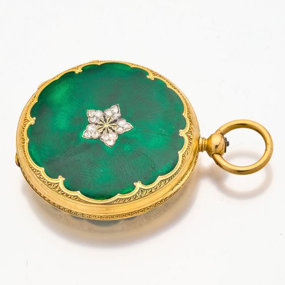 Elegant Swiss gold, diamond set and enamelled watch Circa 1860 Elegant Swiss gold, diamond set and enamelled watch Circa 1860