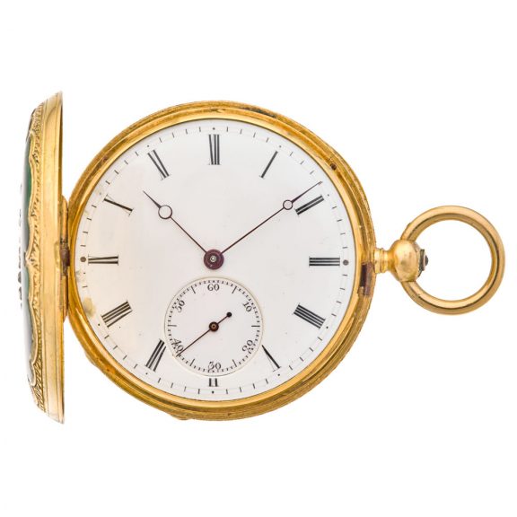 Elegant Swiss gold, diamond set and enamelled watch Circa 1860 Elegant Swiss gold, diamond set and enamelled watch Circa 1860
