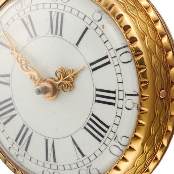 English gold verge in a chased and engraved case Circa 1770 English gold verge in a chased and engraved case Circa 1770