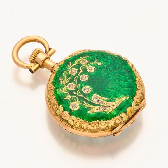 Swiss gold, enamel and diamond set miniature watch Circa 1900 Swiss gold, enamel and diamond set miniature watch Circa 1900