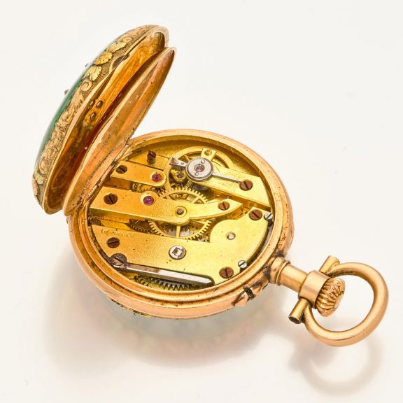 Swiss gold, enamel and diamond set miniature watch Circa 1900 Swiss gold, enamel and diamond set miniature watch Circa 1900