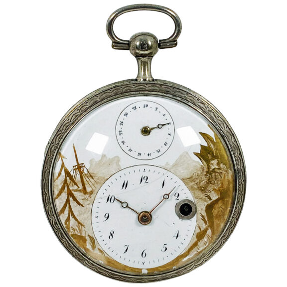 Swiss silver verge watch with date and visible balance Circa 1830