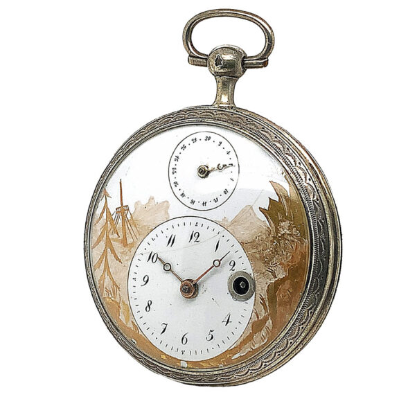 Swiss silver verge watch with date and visible balance Circa 1830 Swiss silver verge watch with date and visible balance Circa 1830