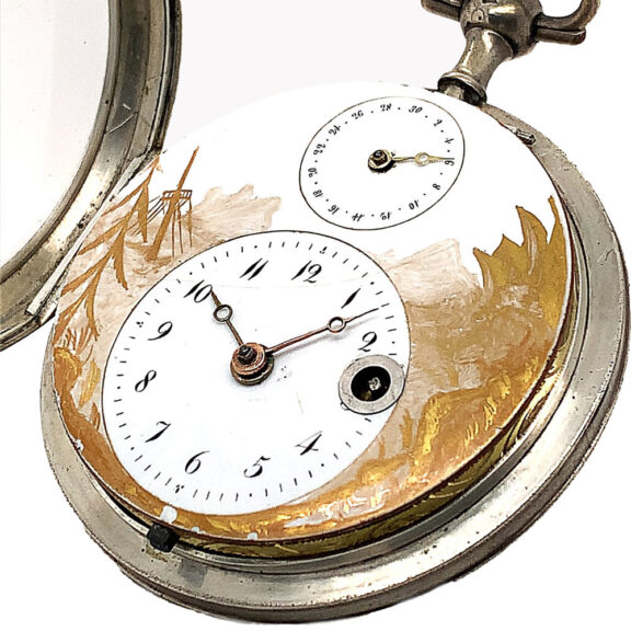 Swiss silver verge watch with date and visible balance Circa 1830 Swiss silver verge watch with date and visible balance Circa 1830