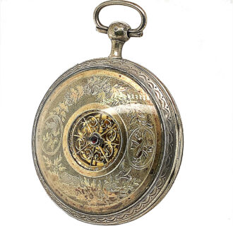 Swiss silver verge watch with date and visible balance Circa 1830