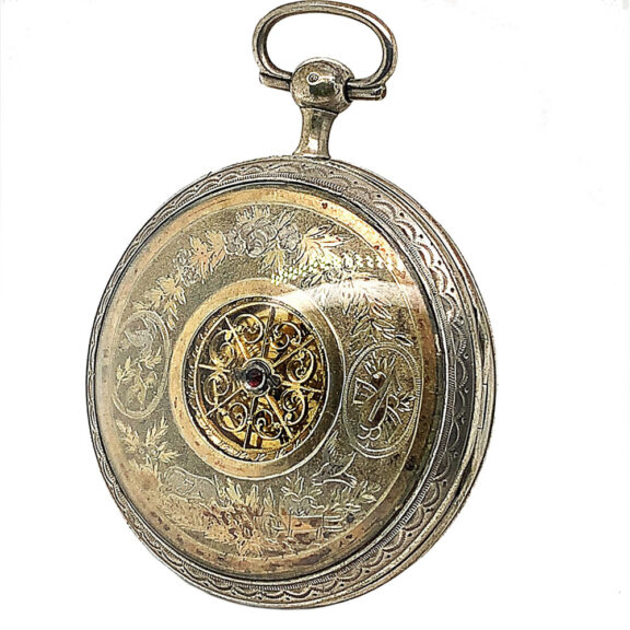 Swiss silver verge watch with date and visible balance Circa 1830 Swiss silver verge watch with date and visible balance Circa 1830