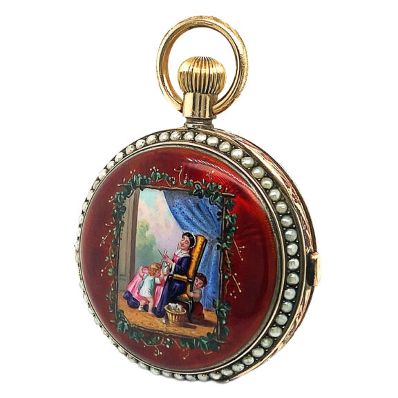 Swiss silver enamel pearls-set repeating chronograph Circa 1900 Swiss silver enamel pearls-set repeating chronograph Circa 1900
