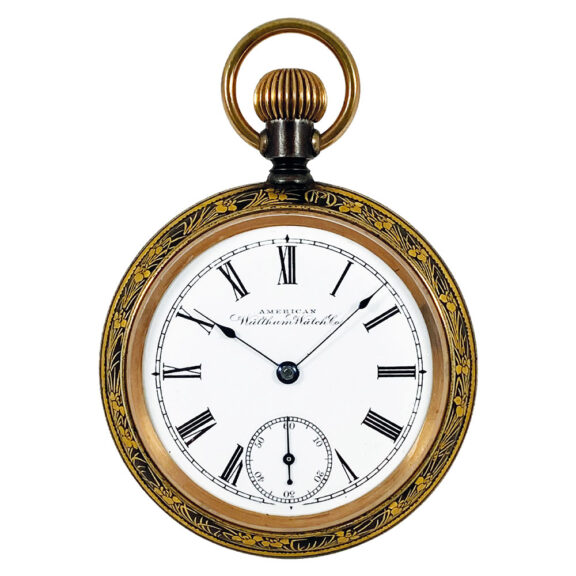 American decorative metal with gold inlaid pocket watch Circa 1900 American decorative metal with gold inlaid pocket watch Circa 1900