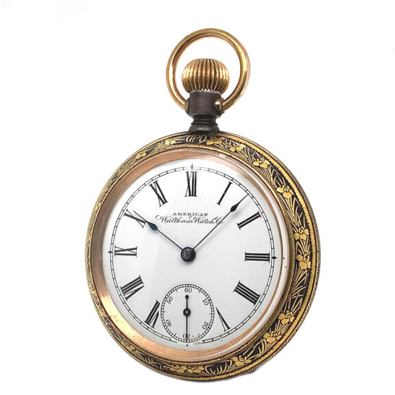 American decorative metal with gold inlaid pocket watch Circa 1900 American decorative metal with gold inlaid pocket watch Circa 1900