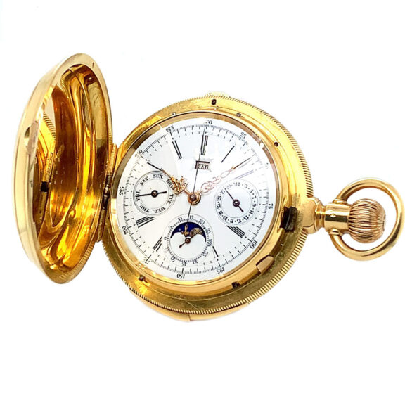 Swiss gold hunting cased complicated lever watch Circa 1890 Swiss gold hunting cased complicated lever watch Circa 1890