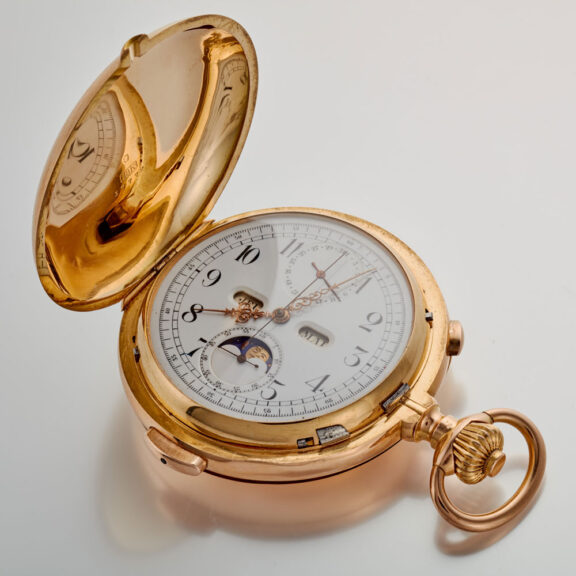 A Swiss 18K minute repeating chronograph calendar Circa 1900 A Swiss 18K minute repeating chronograph calendar Circa 1900