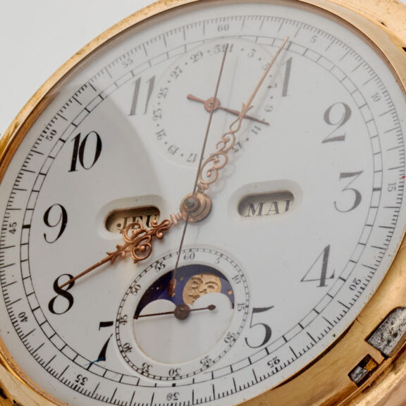 A Swiss 18K minute repeating chronograph calendar Circa 1900 A Swiss 18K minute repeating chronograph calendar Circa 1900