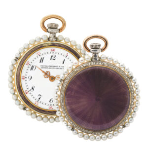 Swiss gold and enamel pearl set lady’s keyless pendant watch Circa 1913