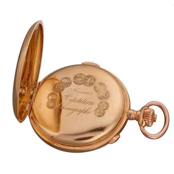 A large Swiss 18K quarter repeating chronograph Circa 1900 A large Swiss 18K quarter repeating chronograph Circa 1900
