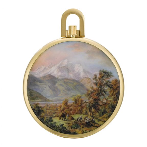 Unique Swiss gold lever with enamel painted scene Circa 1969 Unique Swiss gold lever with enamel painted scene Circa 1969