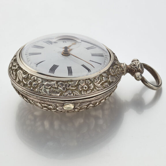 An English repousse verge in silver pair cases Circa 1832 An English repousse verge in silver pair cases Circa 1832