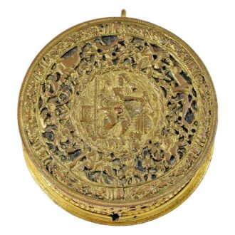 German fire gilt brass Renaissance case with dial Circa 1600 German fire gilt brass Renaissance case with dial Circa 1600